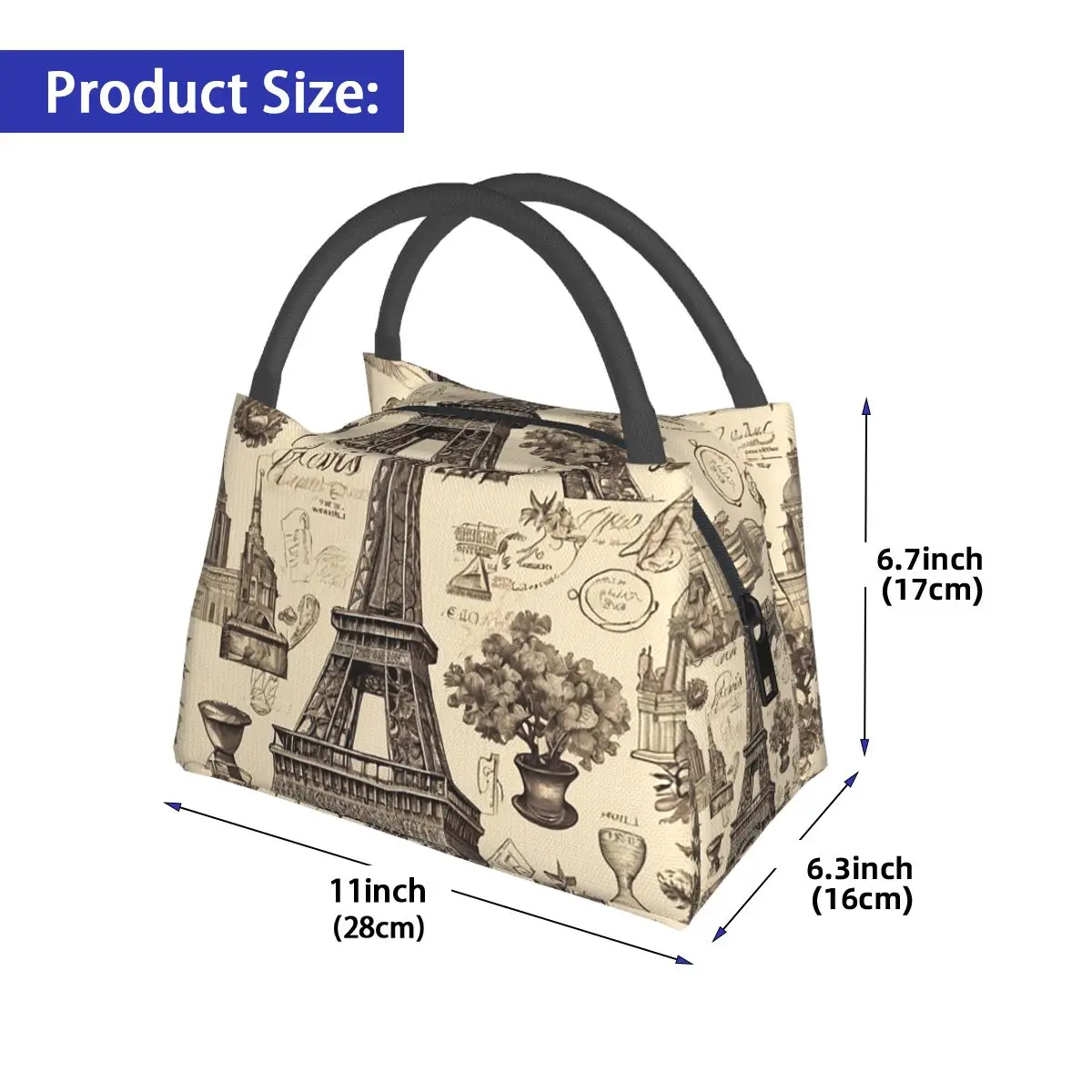 French Paris France Eiffel Tower Insulated Lunch Bag for Women Kids Portable Food Boxes Thermal Lunch Box Tote
