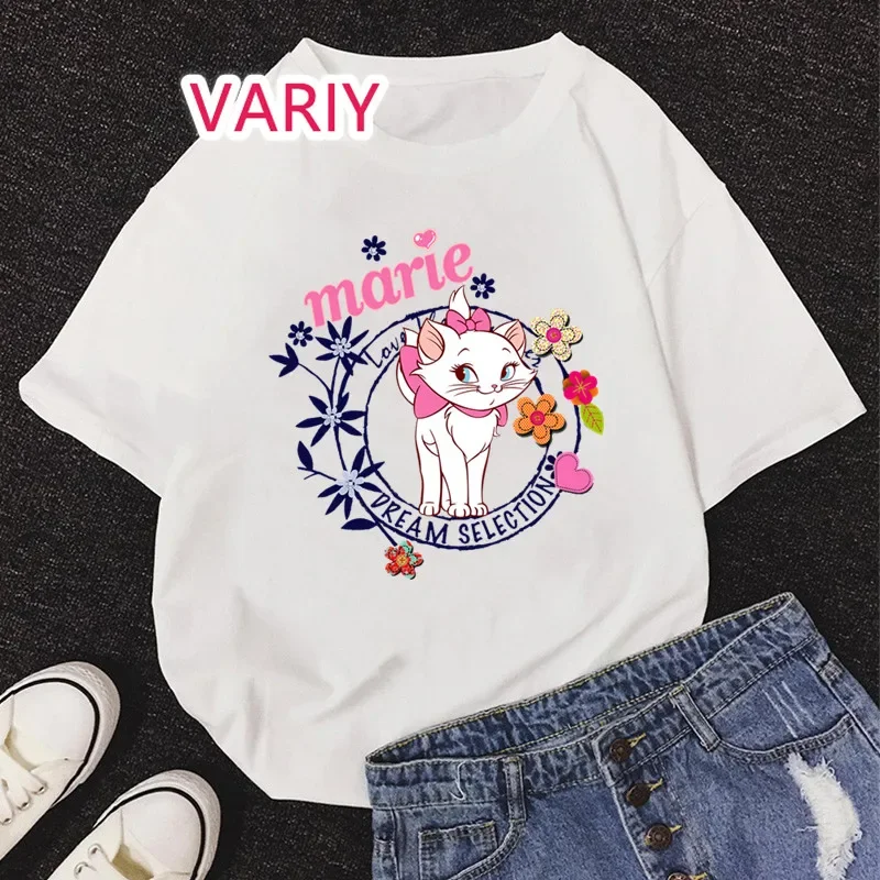 T Shirt Women Marie Cat Print Summer Tshirt Aristocats Basics Clothes Short Sleeve Summer Fashion Female Top Streetwear Gift