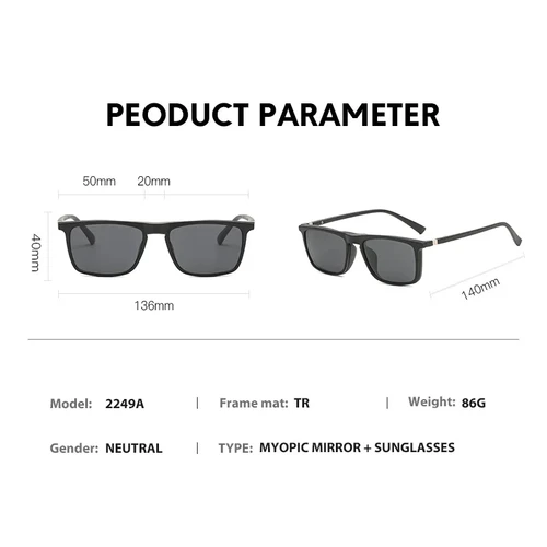 Imagen 2 del producto Gafas de sol polarizadas 6 en 1 para miopía, gafas con Clip magnético para hombres y mujeres, monturas para gafas graduadas ópticas TR90-0,5 ~ -10