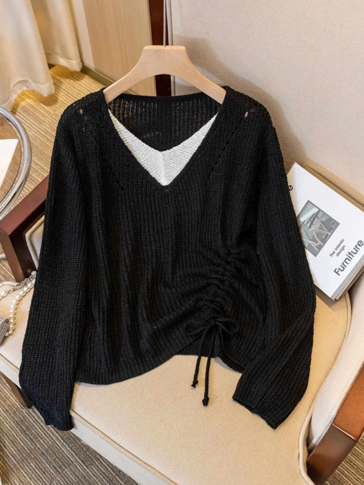Women's Long Sleeve V-Neck Knitwear Spring Autumn plus Size Fashionable Base Layer Top with Drawstring Korean Style Loose Fit