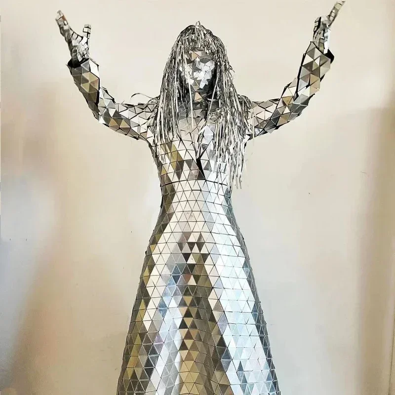 Srebrne lustrzane sukienki damskie z kołnierzem Kostiumy na imprezę DJ Stage Performance Suit Gogo Dance Bar Art Parade Dresses Stilt Clothing