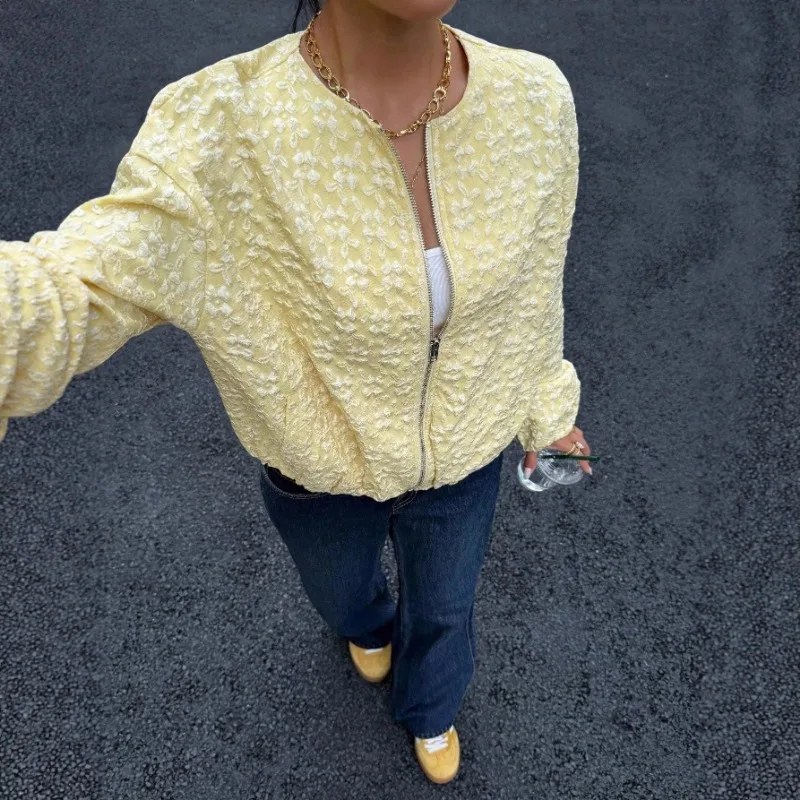 Women's Long-sleeved New Spring and Autumn Jacquard Jacket Cardigan Top Baseball Jersey Casual Jacket Women's Short