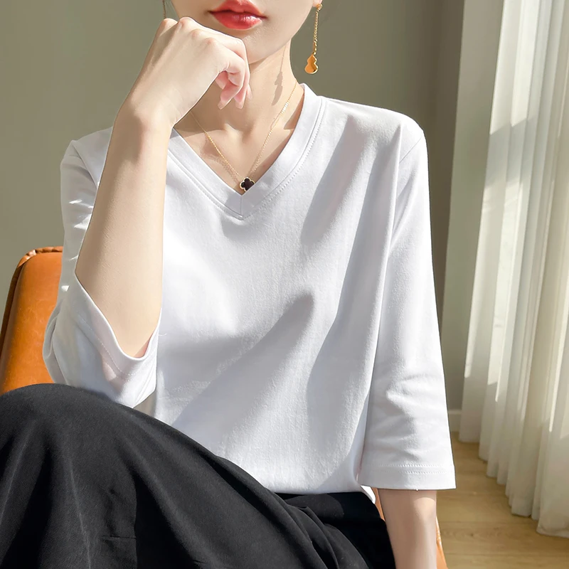 Spring And Summer New White Mercerized Cotton Cropped Sleeve T-shirt Feminine Joker 100% Cotton Bottoming Shirt Half Sleeve