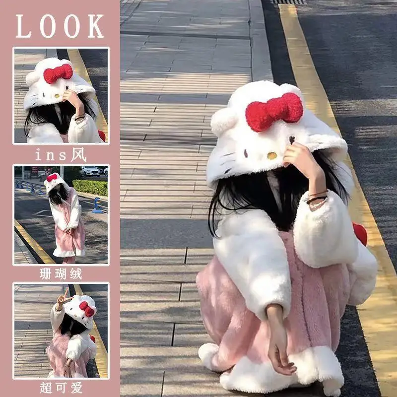 Hot Sanrio Girl Thickening Hooded Winter Robe Bath Skirt Kawaii Hello Kitty Comic Student Keep Warm Sleeping Skirt Leisure Wear