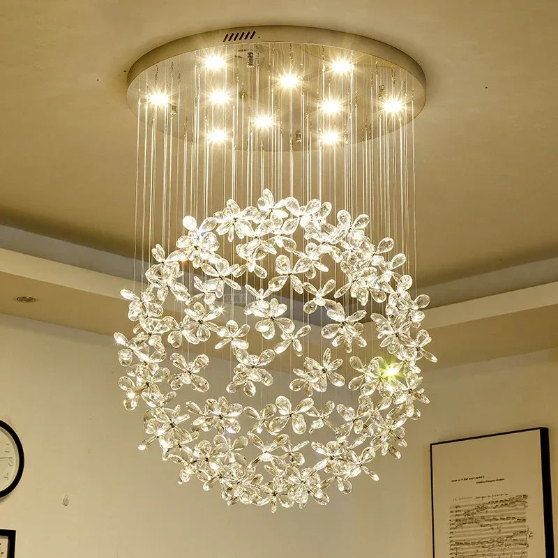 Crystal Clear K9 Ceiling Lamps Flower Ball Stairway Modern Villa Chandelier Lighting Hanging Fixture Mall Gu10 Led Lights