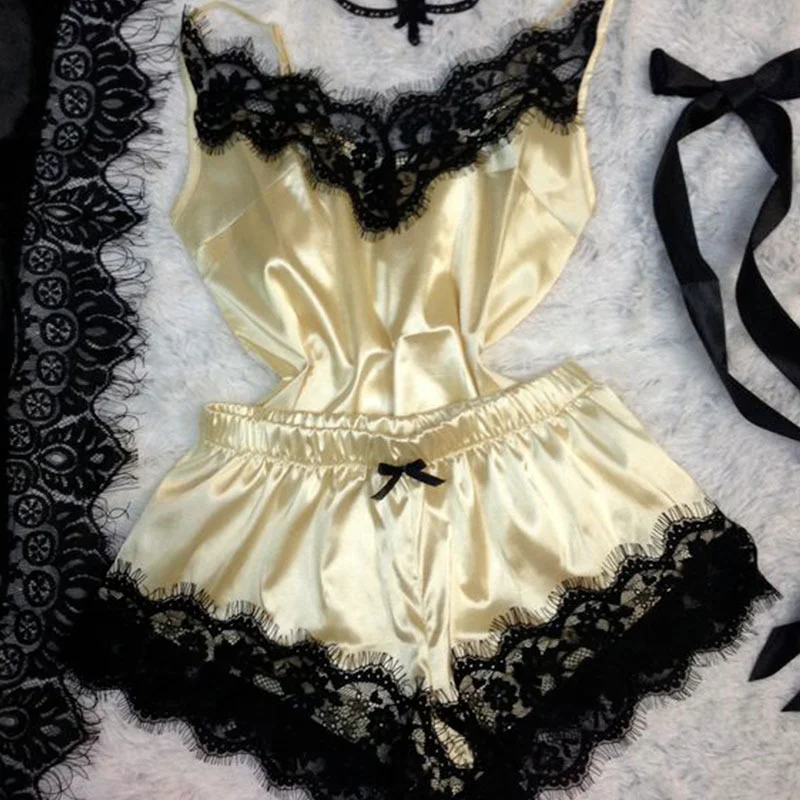 Women\'s Sleepwear Sexy Lace Satin Pajama Sets Nightwear Sleeveless Tops+Shorts 2 Pcs Sets Pyjama Sets for Women Pijama