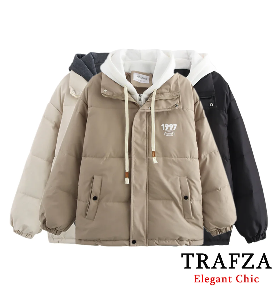 TRAFZA Women Fall Winter Padding Coat Three-Color Hooded Fake Two-Piece Zipper Jacket New 2024 Fashion Casual Versatile Coat