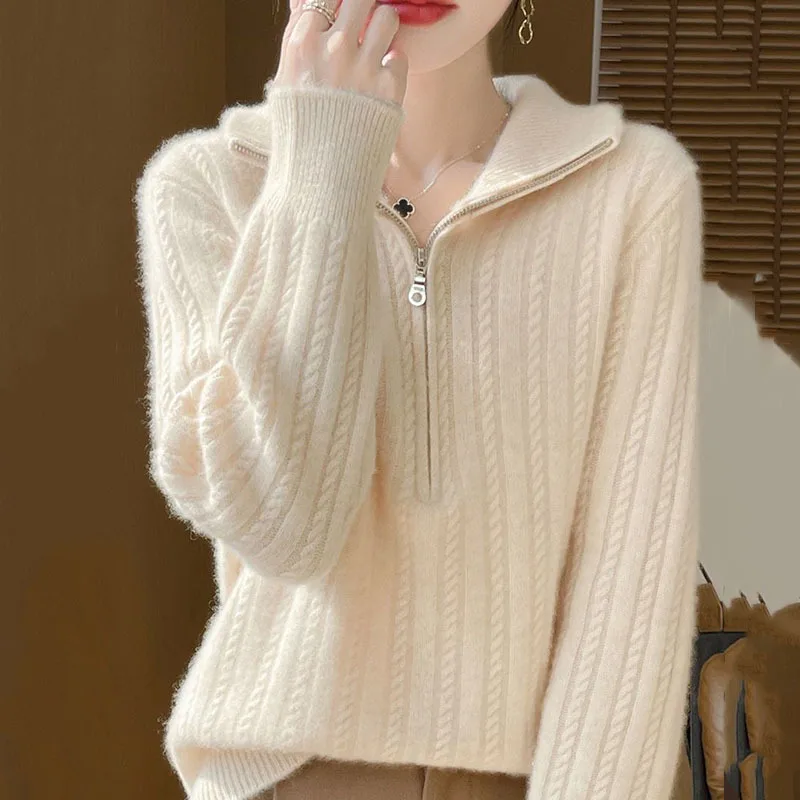 

Новый осенне-зимний женский свитер-пуловер в корейском стиле, однотонный, вязаный, с отложным воротником, на молнии до середины груди, свободного кроя, с длинными рукавами