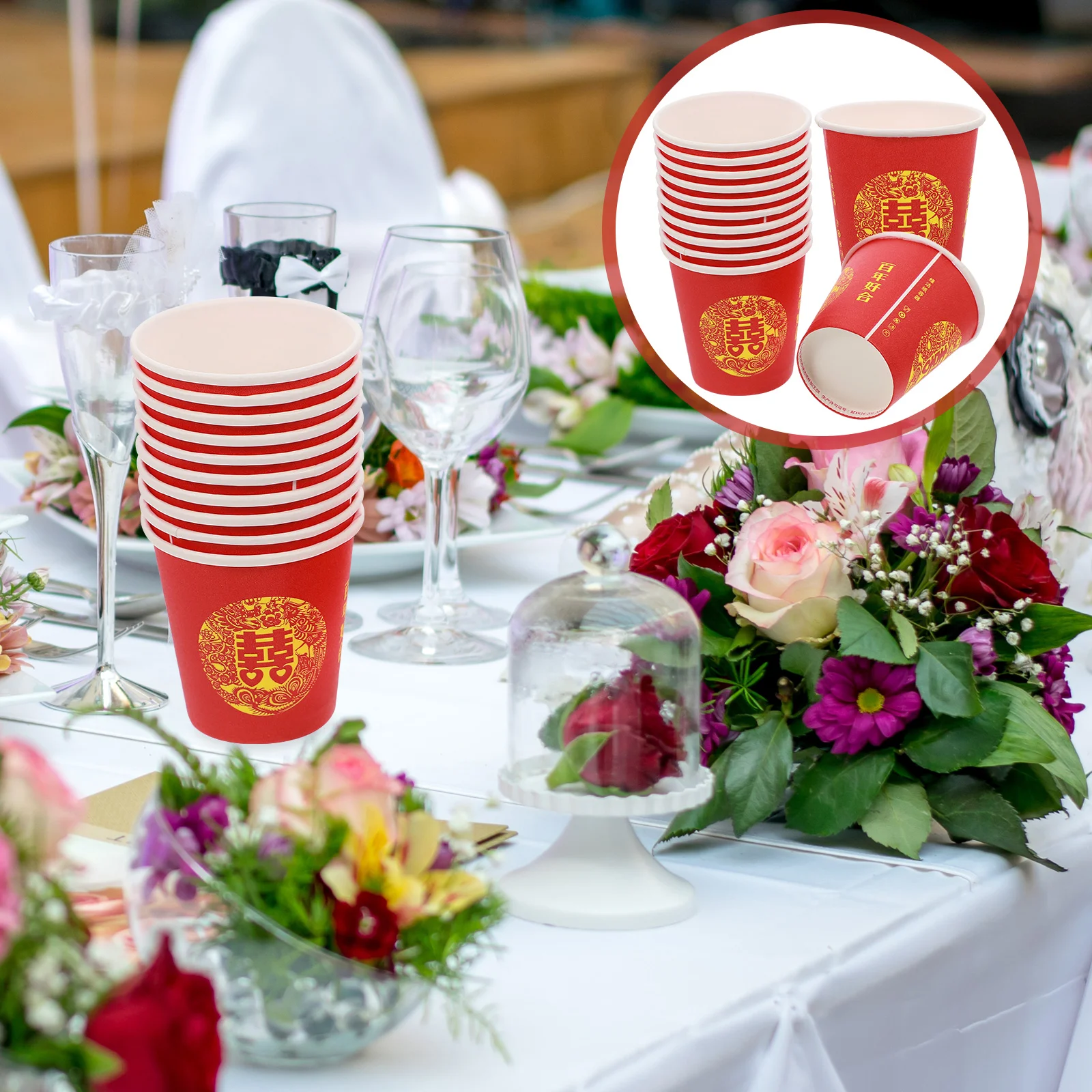 

100 Pcs Chinese Style Red Double Happiness Glass Banquet Tea Cups Espresso Paper Party