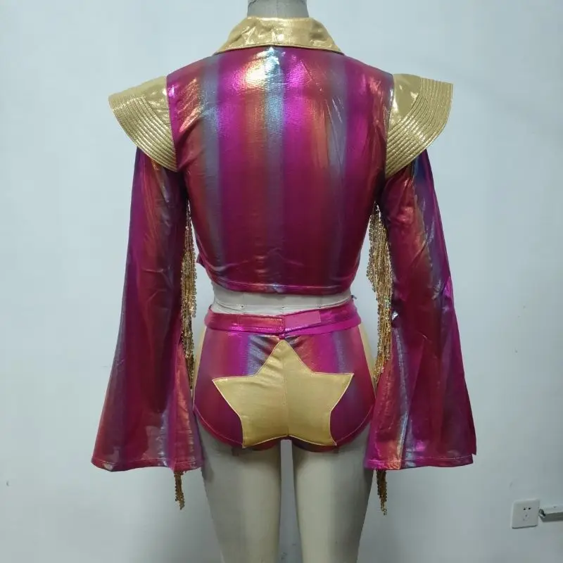 Women Holographic Iridescent Stage Performance Outfit, Gold Epaulet Fringe Flare Sleeve Cropped Top & Star Decor Shorts 2Pcs Set