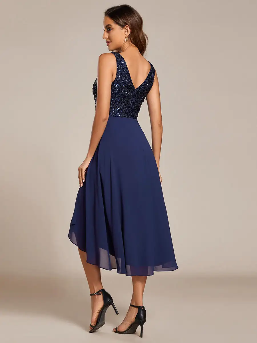 Elegant Evening Dress Deep V-Neck Sleeveless Sequin Bodice Midi Length 2024 Ever Pretty of Chiffon Navy Blue Wedding Guest Dress