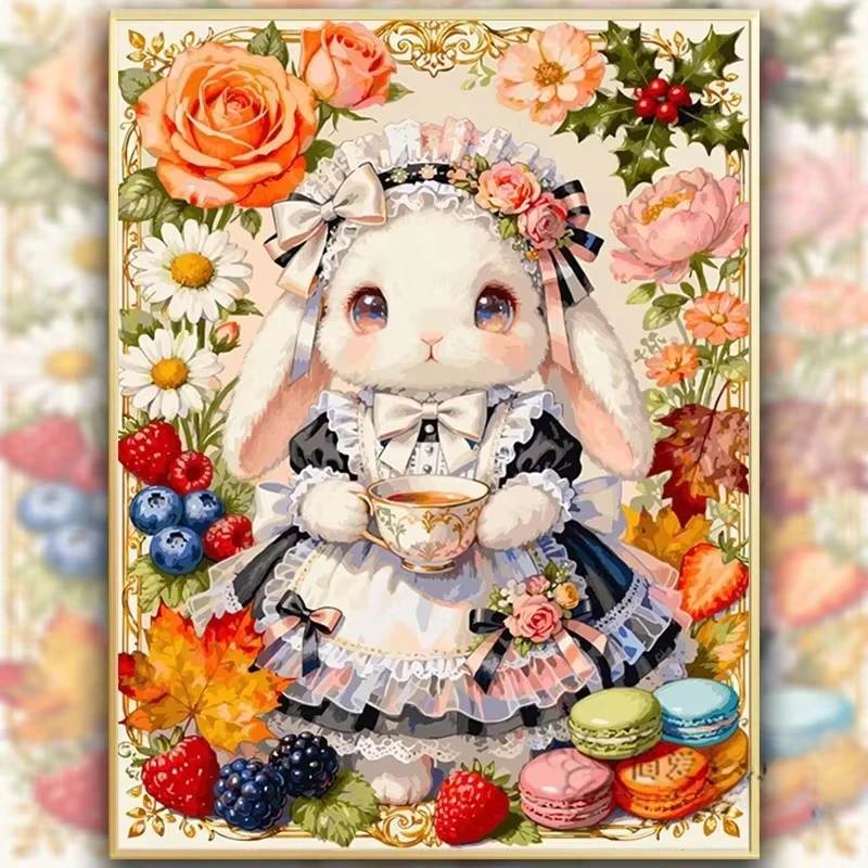 Number Oil Painting Afternoon Tea Rabbit Kit Unframed Canvas Painting By Numbers DIY Handmade Artwork Wall for House Decor
