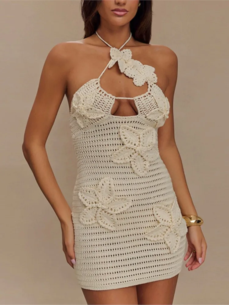 

Sexy Women Knit Beach Dress Hollow Out Sleeveless Bikini Cover-Ups Holiday Mini Dresses 2026 Summer Swimwear Beach Cover Ups