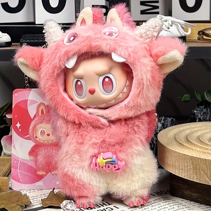 Labubu sentado festa 1a 2a 3a geração roupa de bebê: monstro fofo macacão de pelúcia caixa cega roupas colecionáveis sem boneca incluída