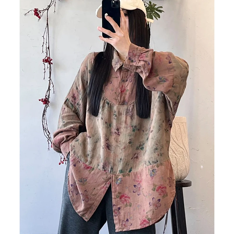 Masss Wasss 2026 Korean Spring Fashion Shirts Women Loose Vintage Floral Blouses Ladies Classic Casual Cotton Linen Printed Tops