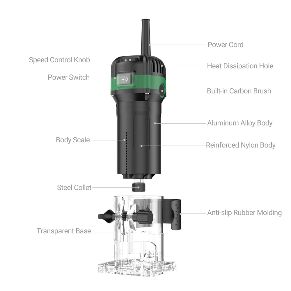 220V 800W Compact Palm Wood Router Tool for Woodworking Electric Hand Trimmer Cutting Palmming Tool with 15Pcs 1/4\'\' Router Bits