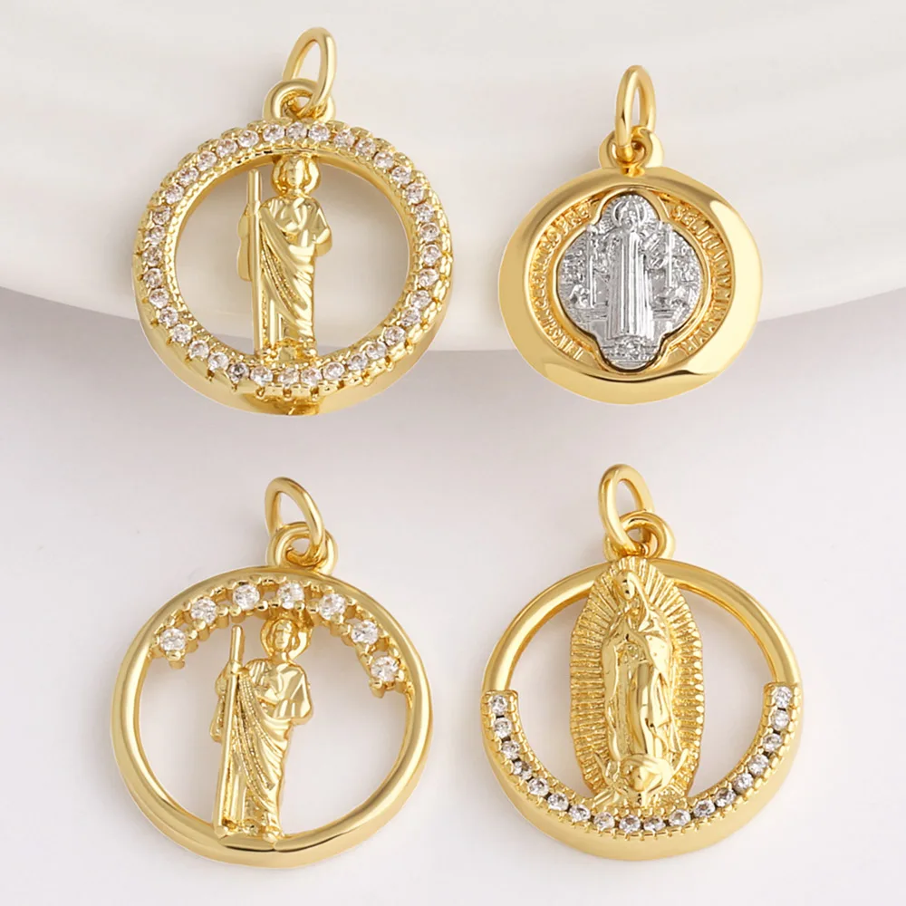 OCESRIO White Crystal Virgin Mary Medal Pendant for Necklace Copper Gold Plated San Benito Jewelry Making Supplies pdta311