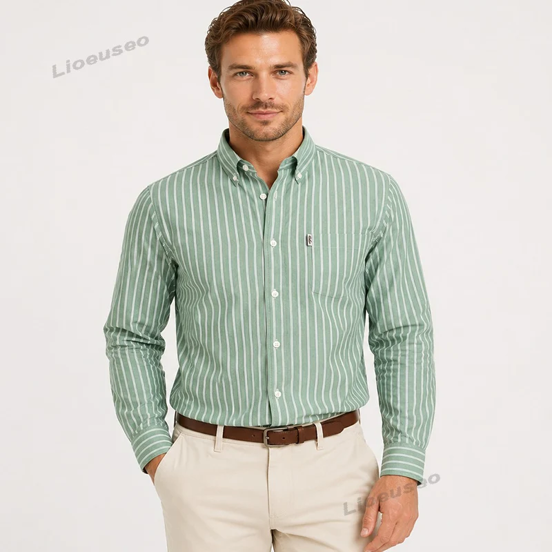 

New 100% Cotton Classic Stripes Shirts Men's Long Sleeves Casual Thin Soft Cozy Pocket Business Formal Shirt Social Male Clothes