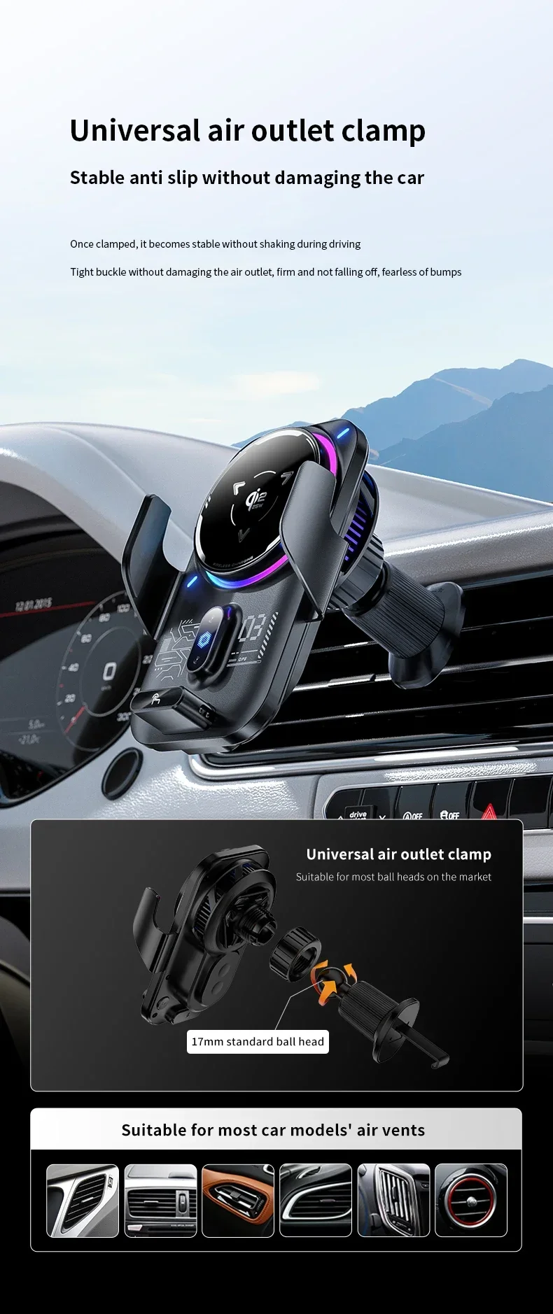2-in-1 Magnetisches Qi2 25W Kabelloses Ladegerät Auto-Handyhalterung ICE-Kühlung Auto-Induktion RGB-Licht für iPhone 17 Samsung S25 Ultra – Detail 13