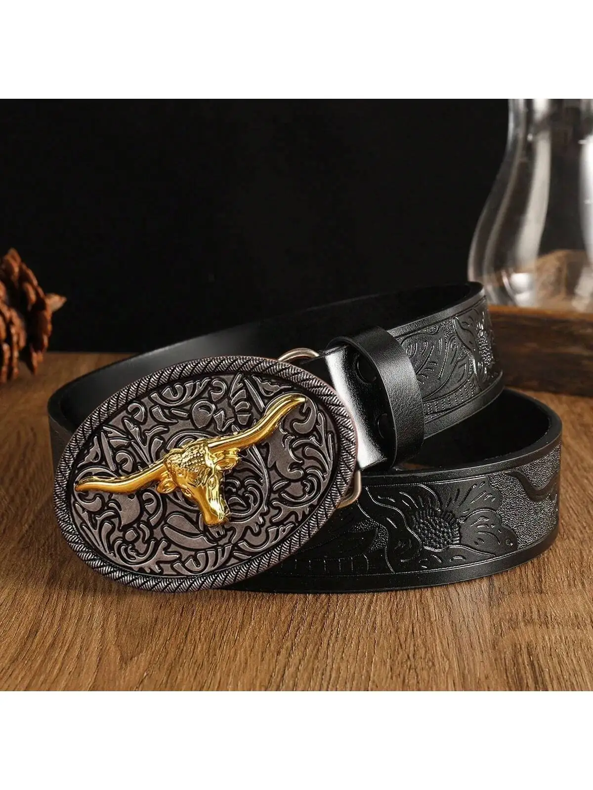 1 cinturón occidental para hombre con hebilla de cuerno largo grabada: diseño vintage al aire libre para uso diario, ocasiones casuales y eventos festivos ​