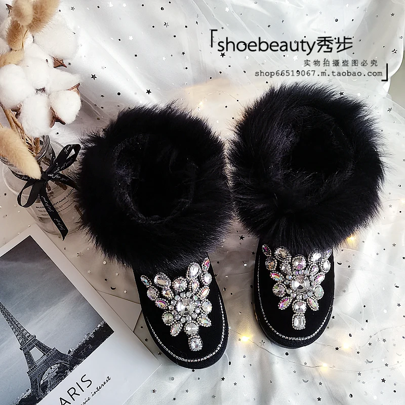 Handmade Custom Black Fur Luxury Rhinestones Snow Ankle Boots Woman Winter 2022 New In Crystal Diamonds Warm Plush Winter Shoes