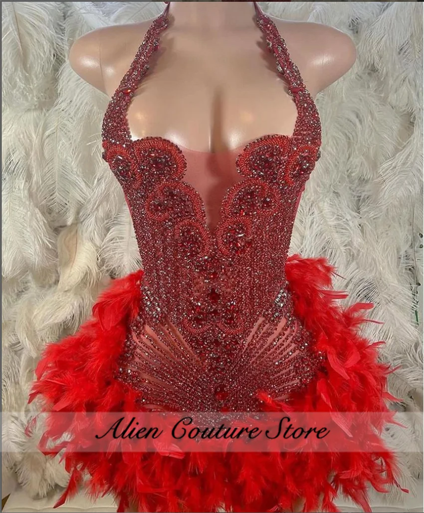 Glitter Red Birthday Dress For Black Girl Short Prom Dress Cut-out Crystal Beading Cocktail Dress Feathers