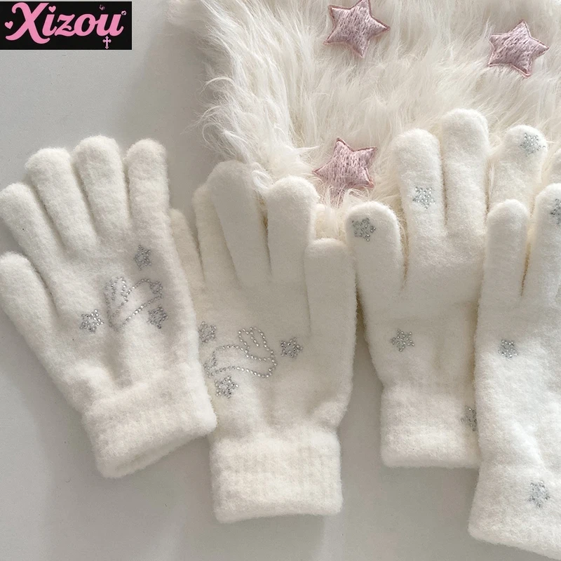 

Субкультура Y2k, перчатки с кроликом и стразами, имитация кашемира, теплый, удобный, зимний продукт, белая, милая, универсальная модель для девочек