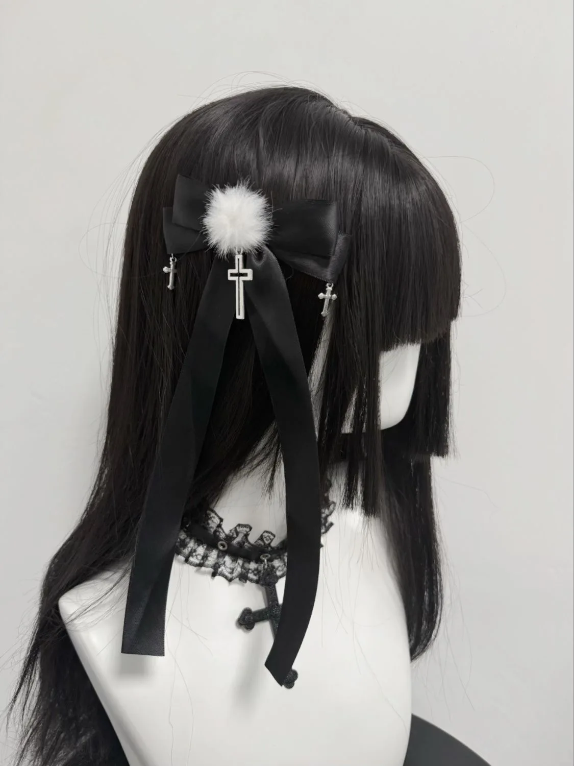 Pince à cheveux gothique avec nœud en ruban noir pour femme, accessoire de style foncé, Landmine, doux et cool, à la mode et haut de gamme