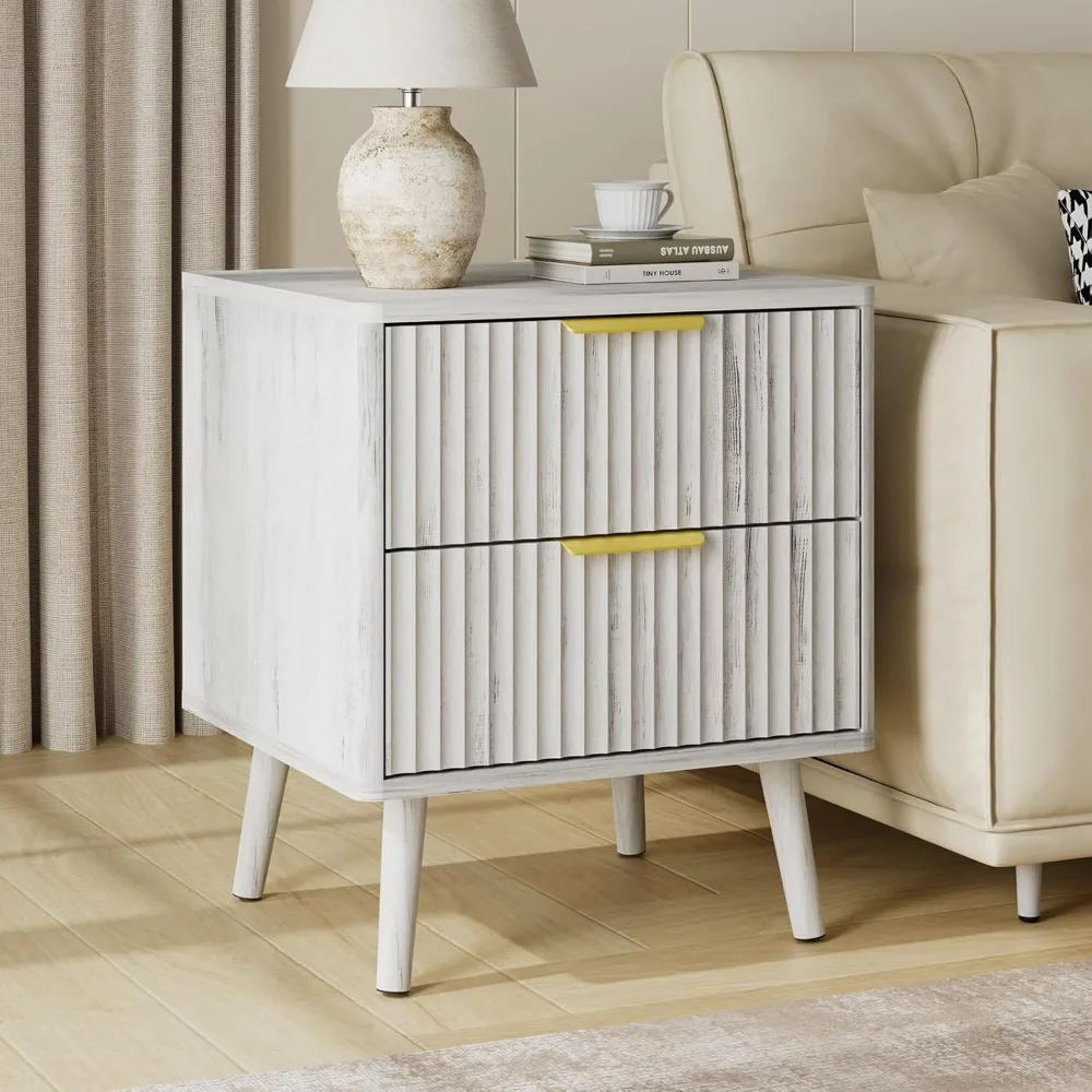 

Fluted Night Stand, Night Stands with Deep 2 Drawers and Curved Profile Design, Wooden Bedside Table Modern Design End Table fo