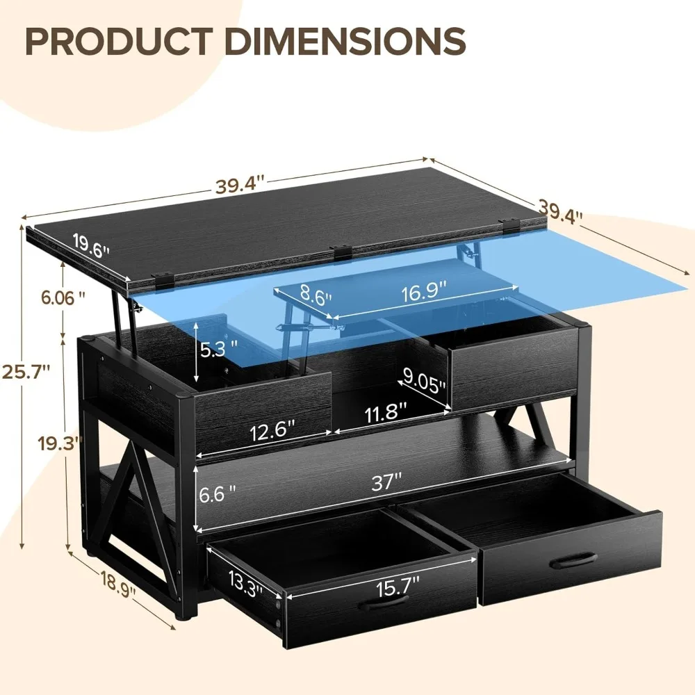 

40" Lift Top Coffee Table, 4-in-1 Multi-Function with Storage Drawers, Farmhouse Style for Living Room, Black