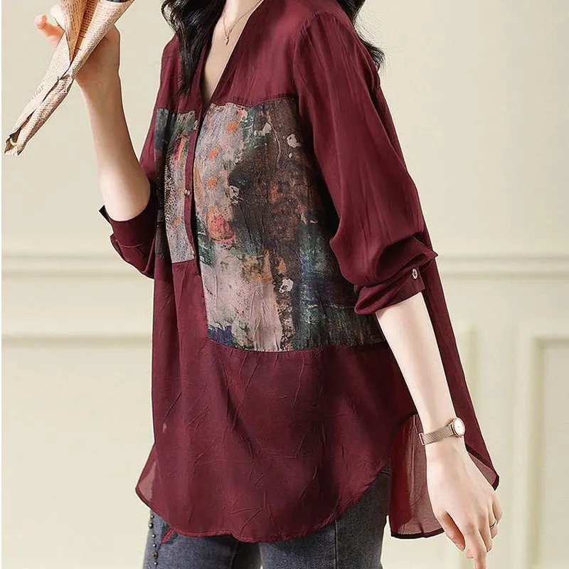 Fashion Loose Printed Spliced Blouse Burgundy Casual Commute V-Neck Button Women\'s Clothing Korean 2023 Spring Long Sleeve Shirt