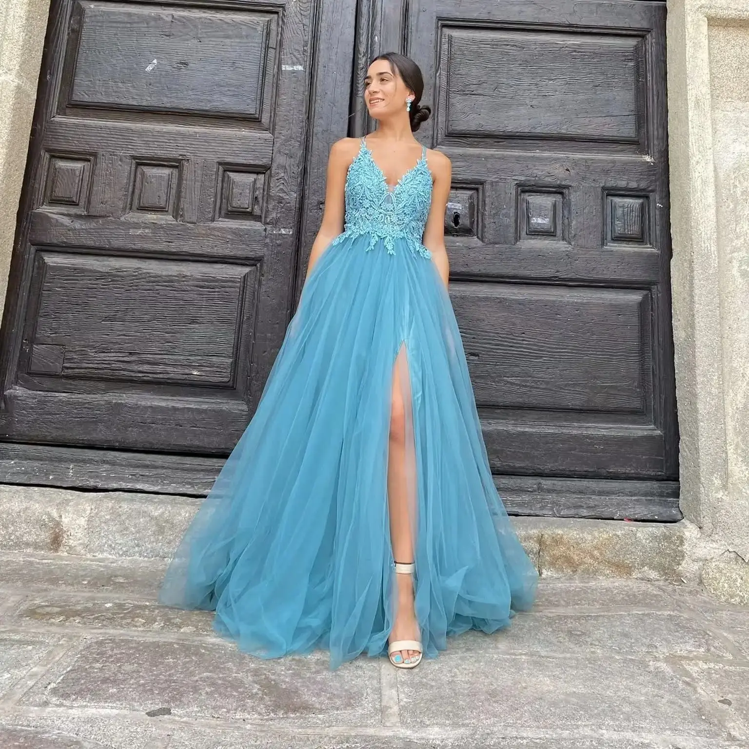 

V Neck Lace Appliques Prom Dresses with Slit A line Tulle Ball Gown with Slit Spaghetti Straps Formal Evening Dresses for Women