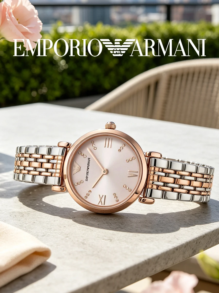 Armani AR11223 Ladies Wristwatch Two Tone Bracelet Pink Dial Crystal Mark Quartz Dating Mother's Day Gift