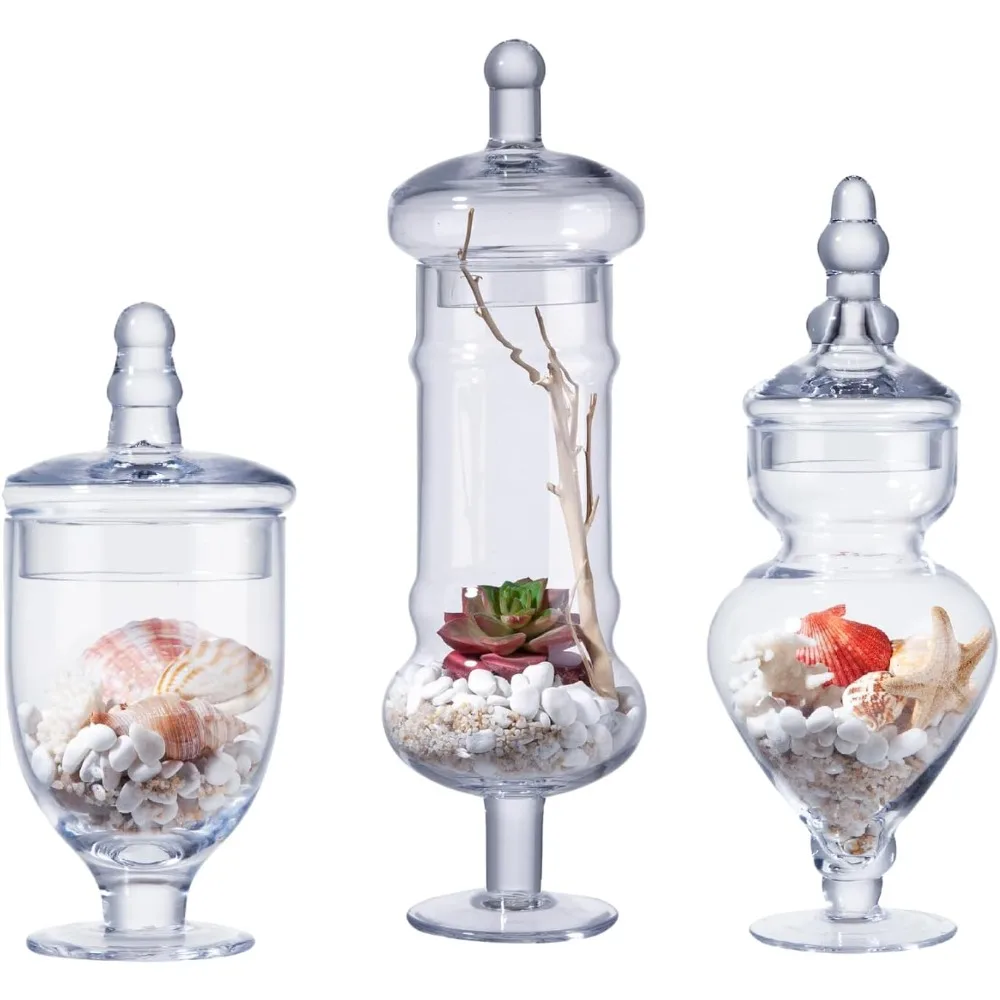 

3-Pack Glass Apothecary Jars with Lids – Decorative Candy Storage Containers for Wedding, Buffet, Kitchen (H: 9", 12.5", 14")