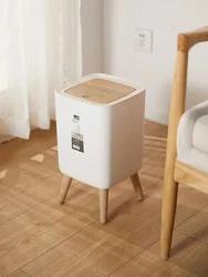 Waste Bins with Lid Press Dustbin for Living Room Toilet Bathroom Kitchen Garbage Bucket High Foot Imitation Wood Trash Can