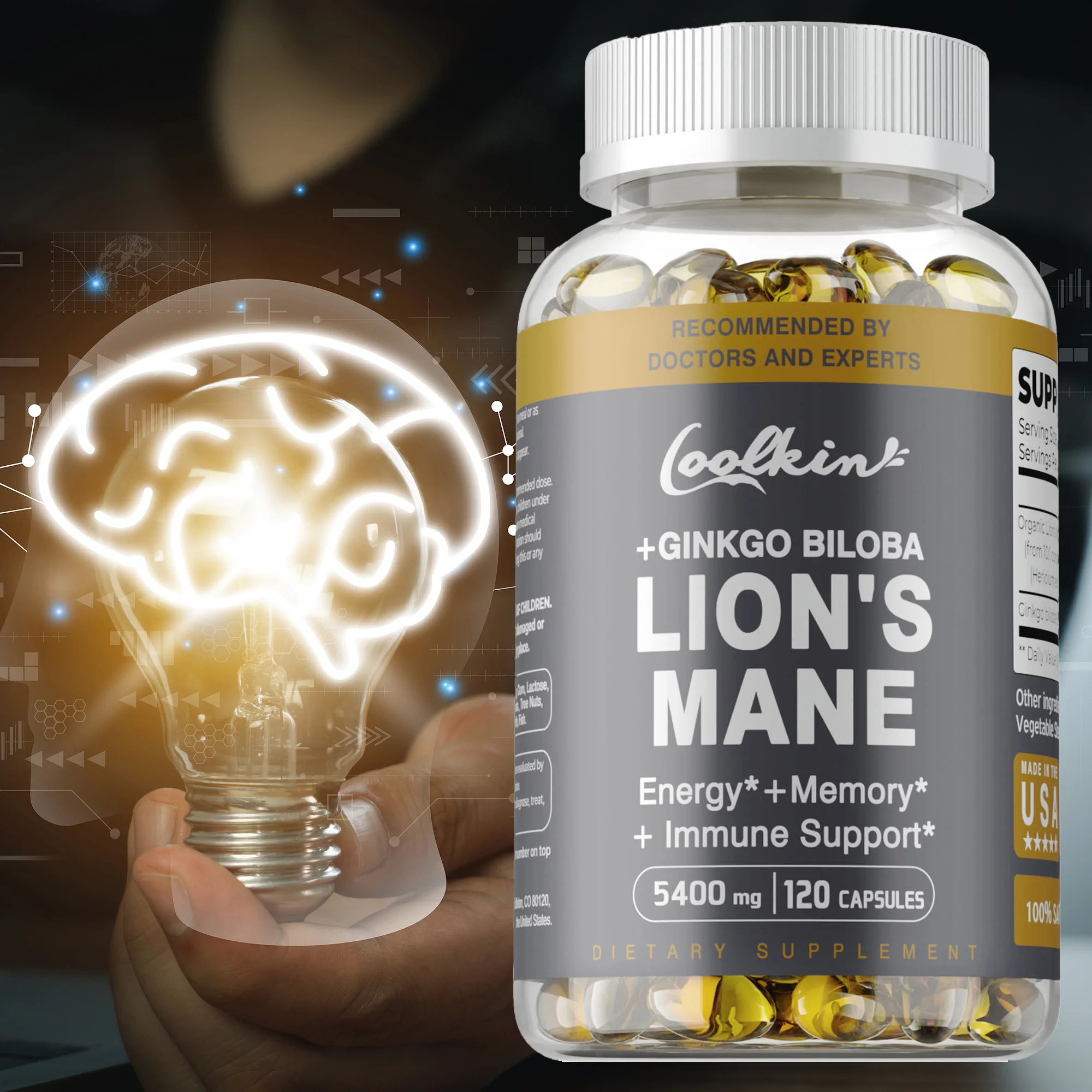 Lion's Mane Mushroom Capsules - Reduce Stress, For Mood, Support Brain Health, Improve Mental Clarity,Enhance Cognitive Function