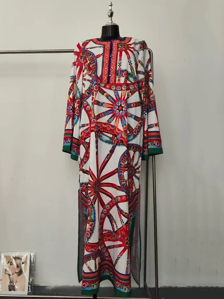 Retro geometric print round neck pullover long dress 2026 autumn women's fashion fashion slits on both sides loose tutu skirt