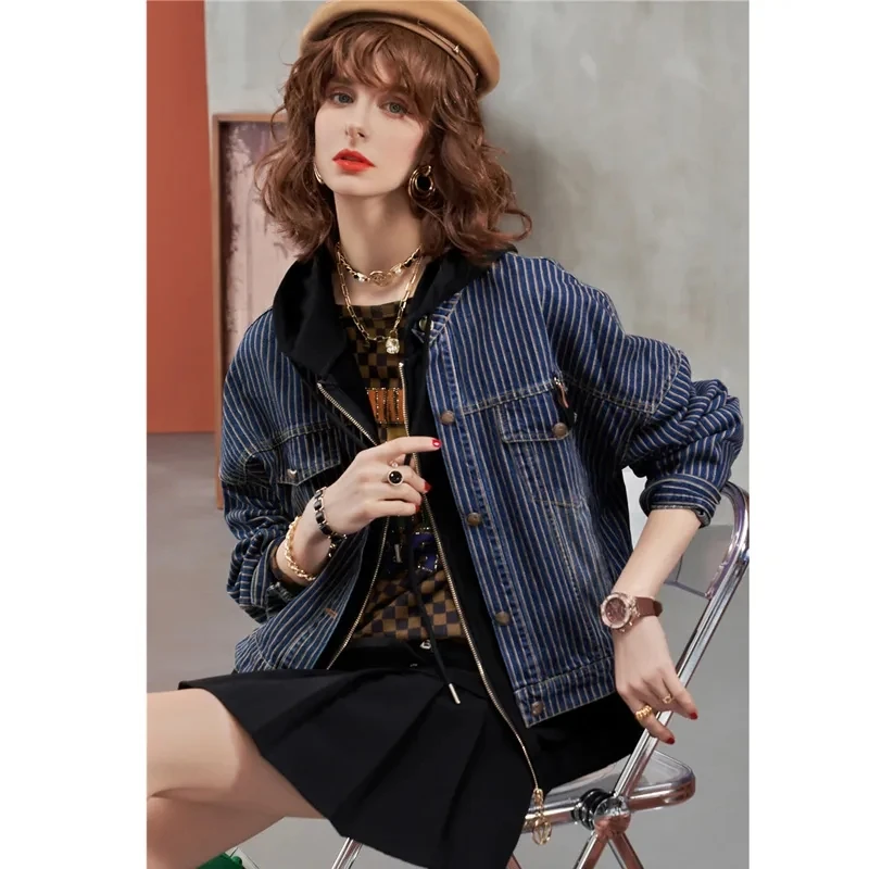 European Denim Jacket Women Early Autumn 2025 New Fake Two-piece Jacket Top Long Sleeved Denim Patchwork Hooded Baseball Clothes