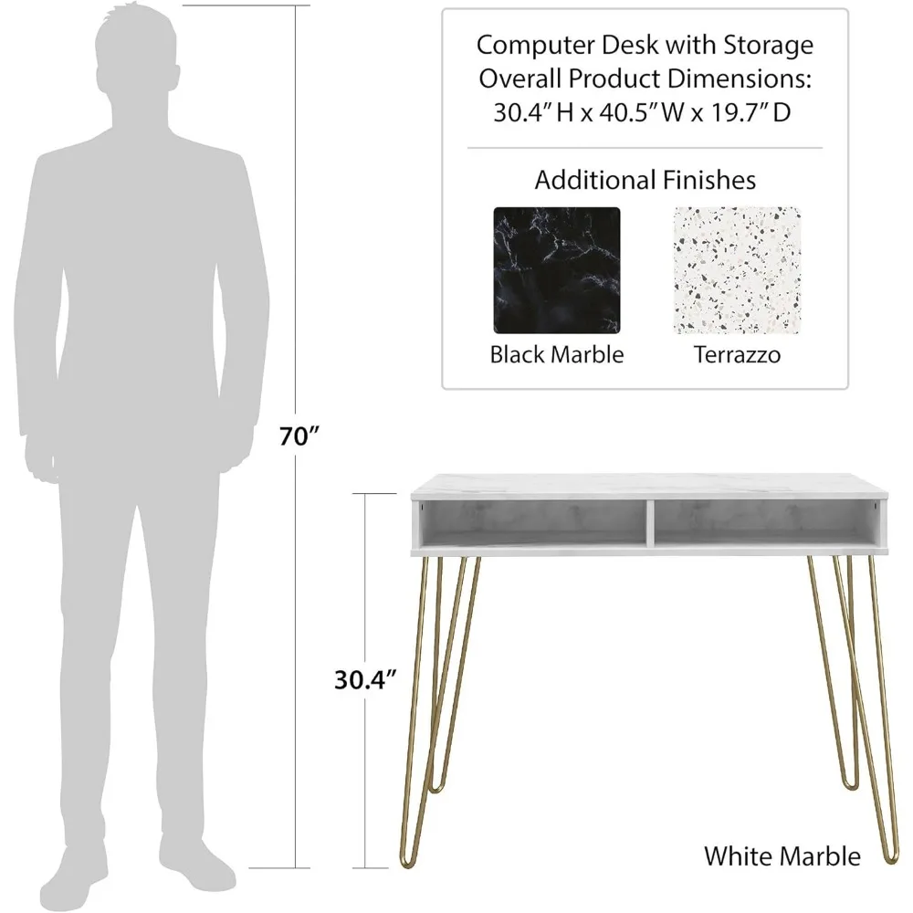Nowoczesne biurko komputerowe z miejscem do przechowywania, imitujące biały marmur