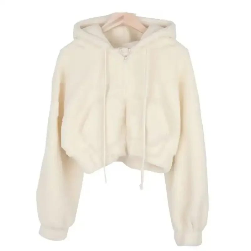 Dámský podzimní zimní tlustý krátký kabát s dlouhým rukávem, korejský sametový kardigan s kapucí Hongwei, volný střih, čínský původ - náhled 5