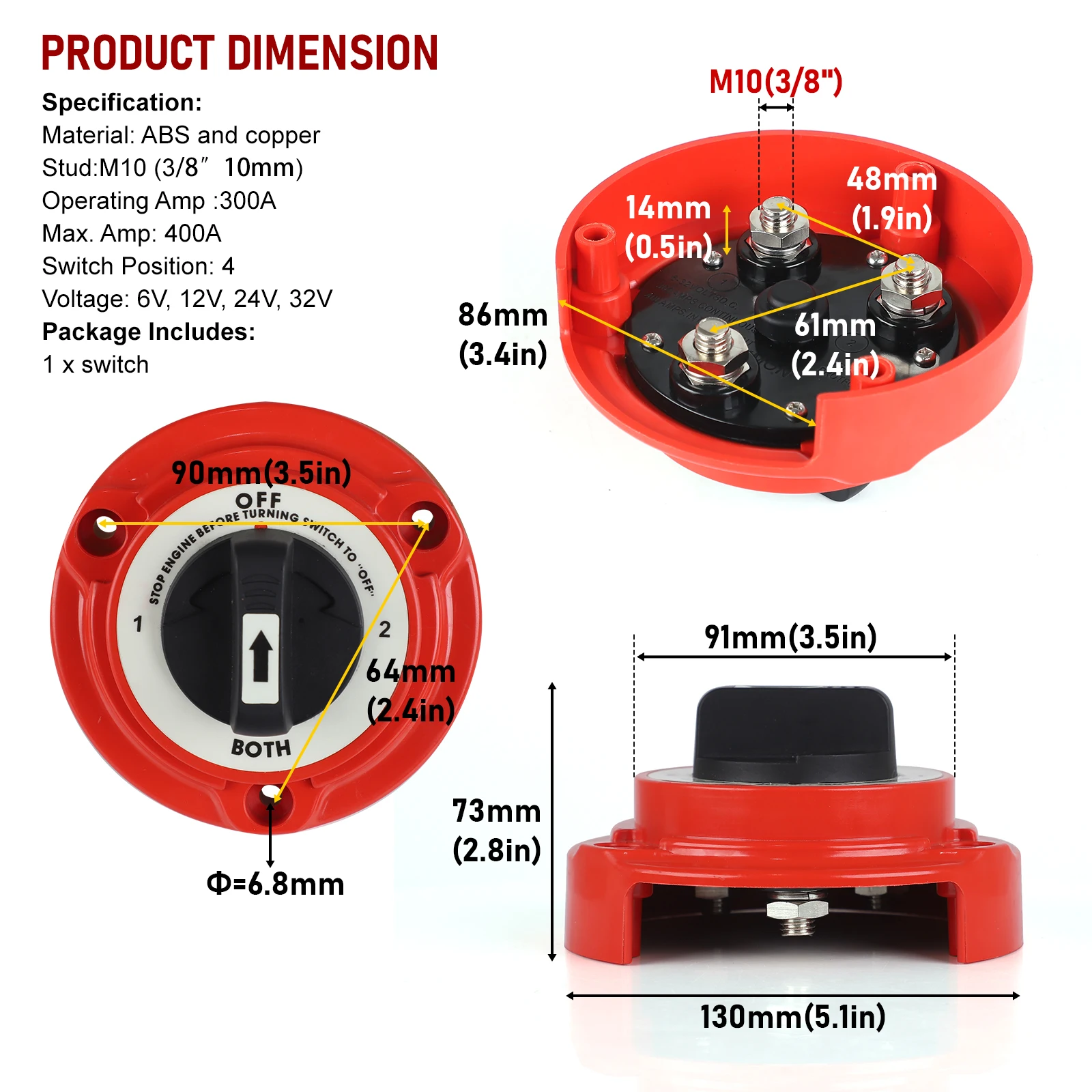Auto-Doppelbatterie-Umschalter 400A 6-32V 4-Positionen-Stromunterbrecher Batterietrennschalter für Marine, Boot, Wohnmobil, große LKW – Detail 1