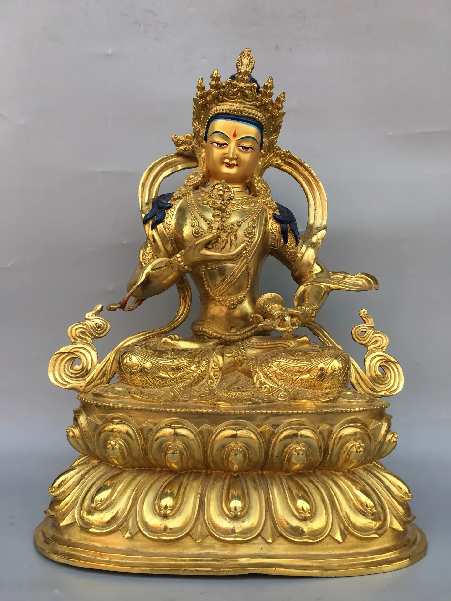 

18"Tibetan Temple Collection Old Bronze Cinnabar Mud gold Face painting Vajrasattva Lotus Platform Sitting Buddha Worship Hall