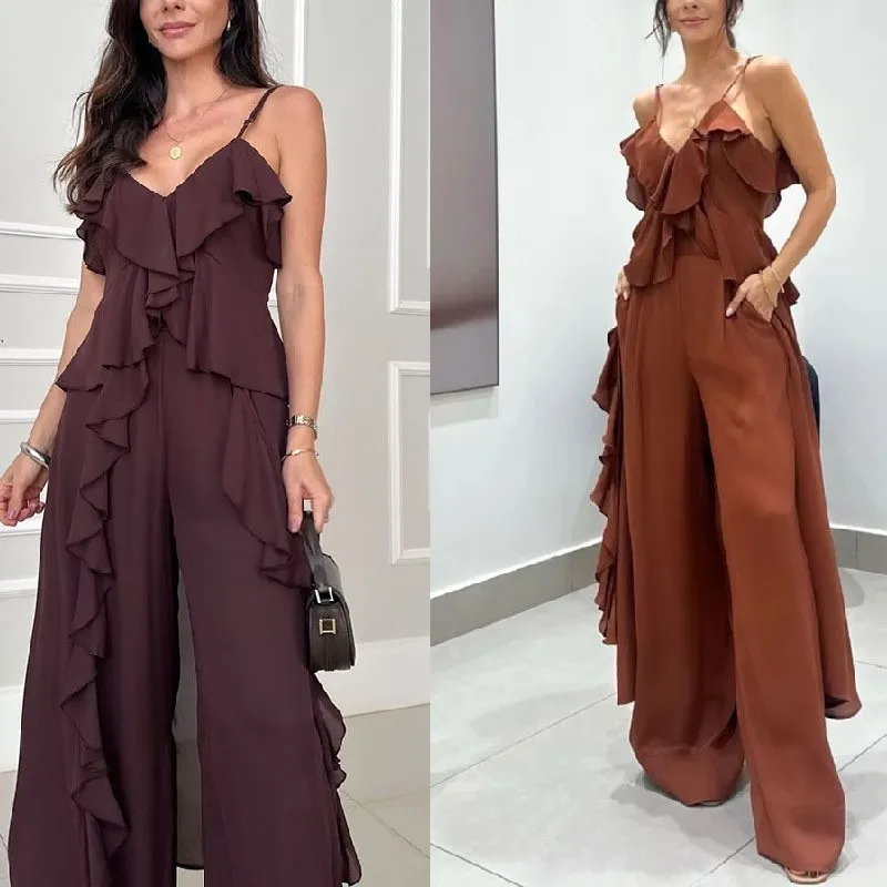 

Summer Fashion Sexy Two-piece Set Women's Khaki Chiffon V-neck Suspender Ruffle Straight Trousers Boho Two-piece Set Suit Women