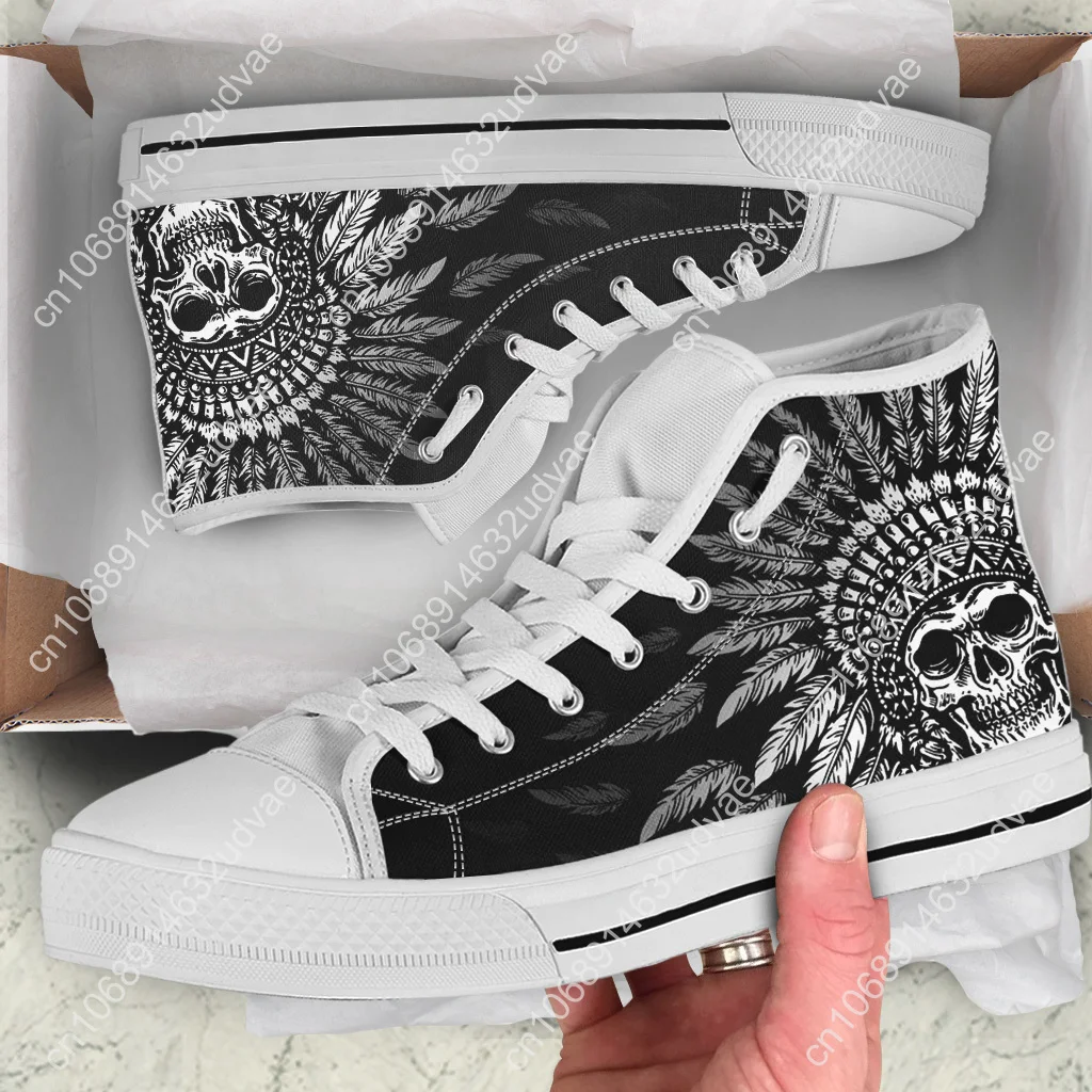 High Top Men\'s Shoes Tribal Skull Design Comfortable White Sole Shoes Gothic Day Of The Dead Skull Canvas Sneaker