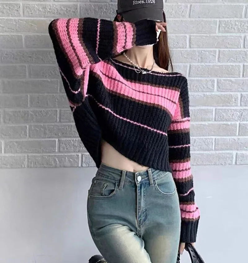 Y2K Pink Striped Cropped Sweater Women Fashion Korean Long Sleeve O Neck Jumper Loose Streetwear Hot Girl Knitting Pullovers