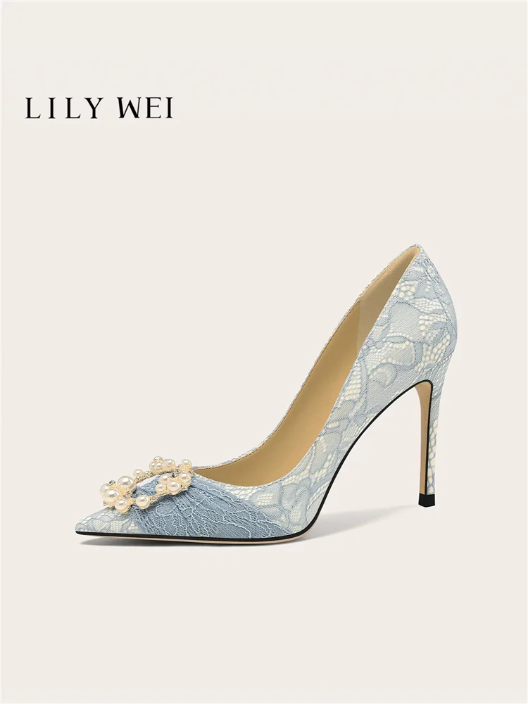 Autumn new pointed pearl rhinestone buckle lace single shoe banquet large size small size widened version high heels women shoes