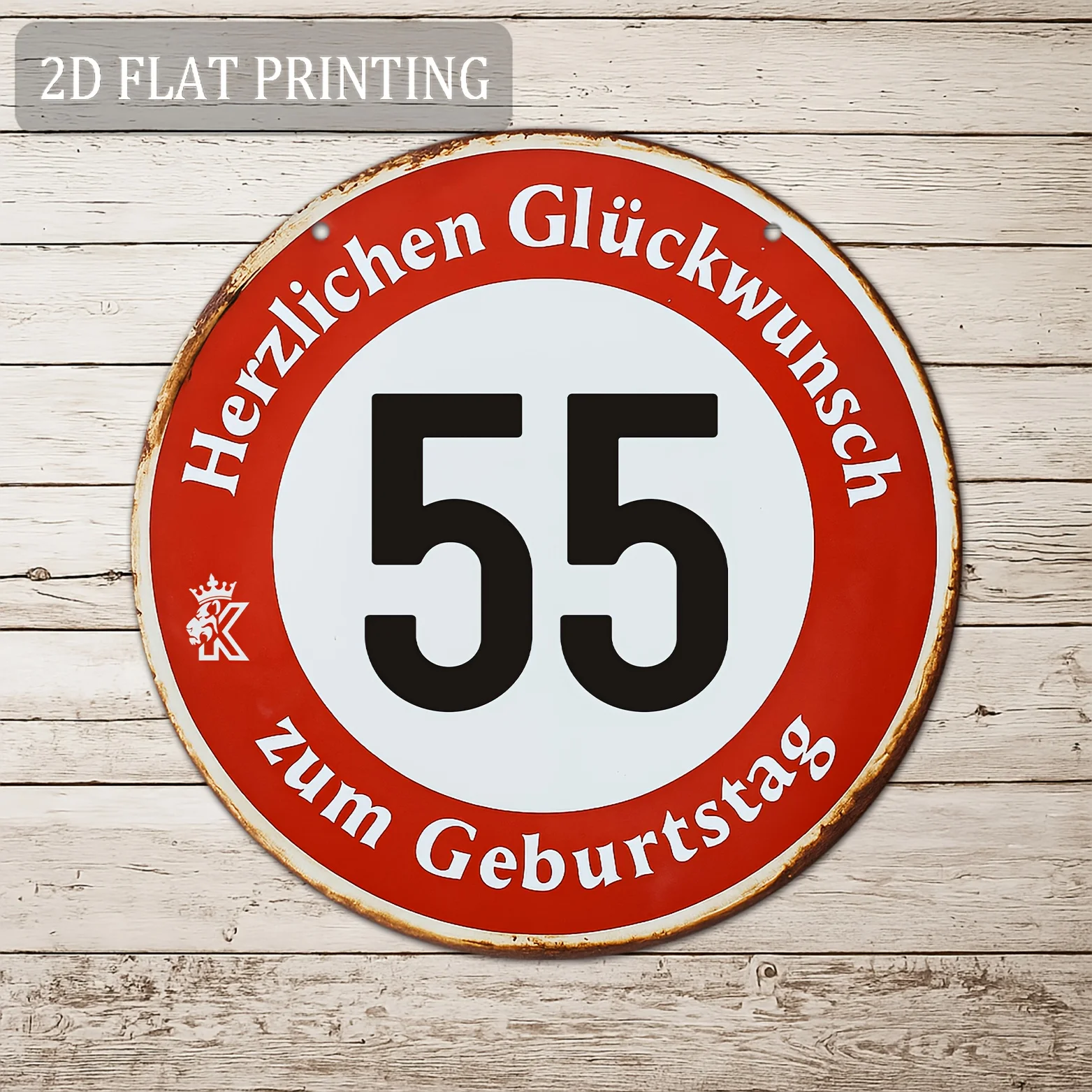 

Happy 55th Birthday Metal Sign - 8" Round Rustic Wall Decor German Quote