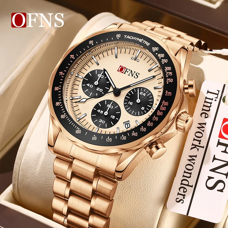 

OFNS1585 three eye six pin quartz men's watch night light display 3ATM waterproof multifunctional timing sports fashion watch