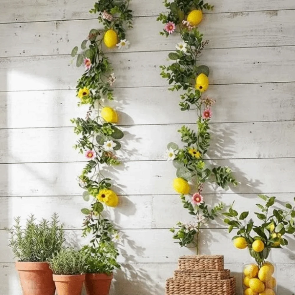 

Silk Flowers Artificial Lemon Vine 200CM Length Realistic Faux Lemon Branch Real Touch Green Leaves Fake Plant Front Door Decor