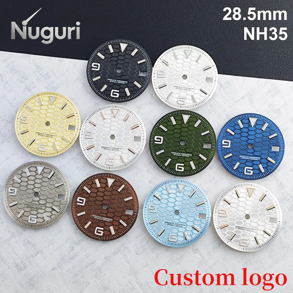

28.5mm NH35 Watch Dial Sterile Honeycomb Custom Logo Dial Numberals Blue Luminous Watch Dial Fit NH35 Movement Watch Accessories